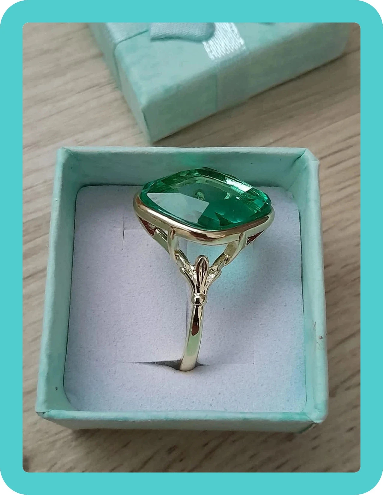 Bohème stijl ring met lichtblauwe steen (imitatie smaragd), maat 60 – photo 3